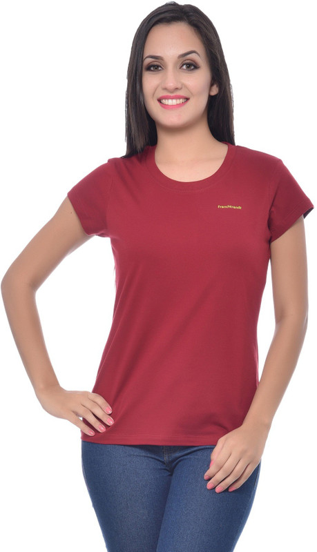 Frenchtrendz Solid Women Round Neck Maroon T-Shirt