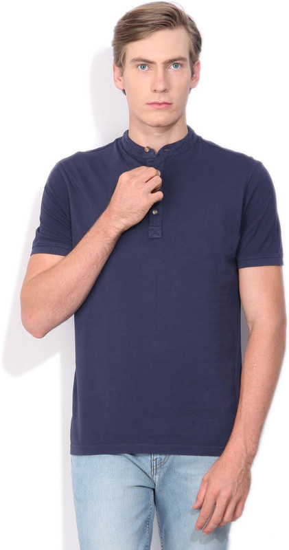 Peter England Solid Men Fashion Neck Blue T-Shirt