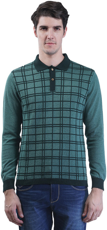 Kalt Self Design Men Polo Neck Green T-Shirt