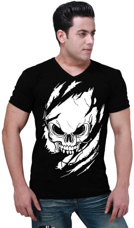 Inkovy Graphic Print Men V-neck Black T-Shirt