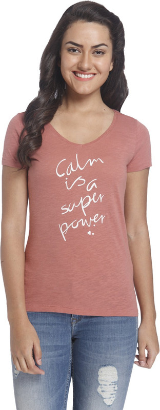 Only Printed Women V-neck Pink T-Shirt