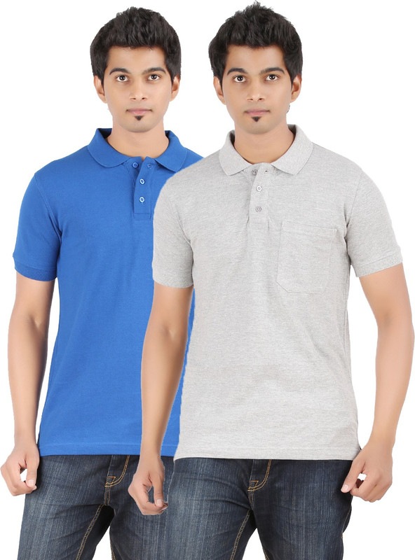 Ap'pulse Solid Men Polo Neck Blue, Grey T-Shirt(Pack of 2)