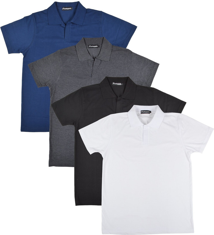 Pintapple Solid Men Polo Neck White, Black, Grey, Dark Blue T-Shirt(Pack of 4)