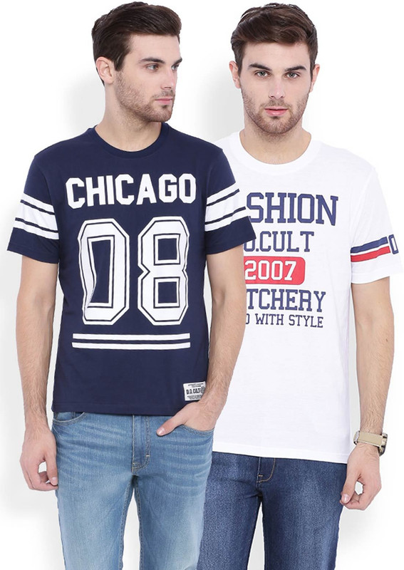 DIFFERENCE OF OPINION Printed Men Round Neck Blue, White T-Shirt(Pack of 2)