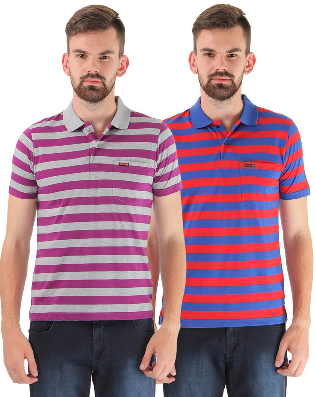 Cloak & Decker Striped Men Polo Neck Grey, Purple, Red, Blue T-Shirt(Pack of 2) Cloak & Decker Striped Men Polo Neck Grey, Purple, Red, Blue T-Shirt(Pack of 2)