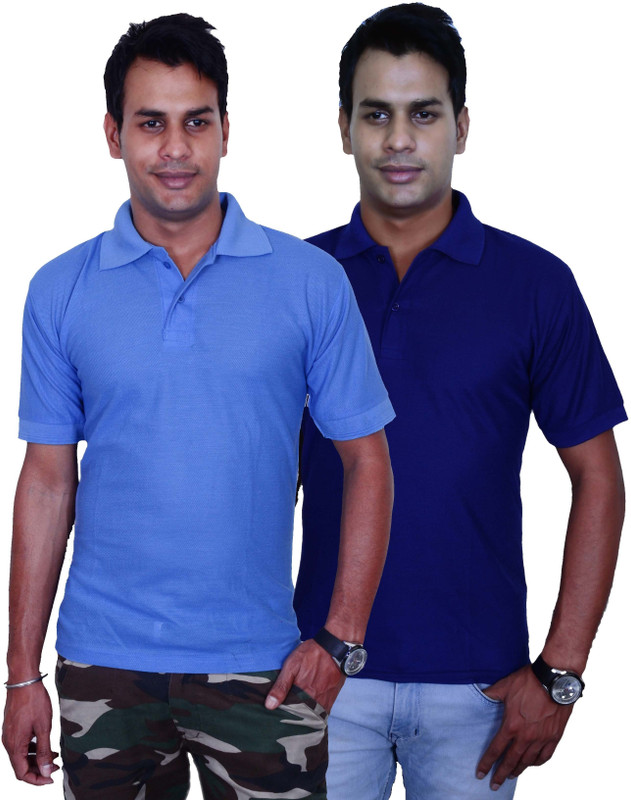 Blaze Solid Men Polo Neck Blue, Dark Blue T-Shirt(Pack of 2)