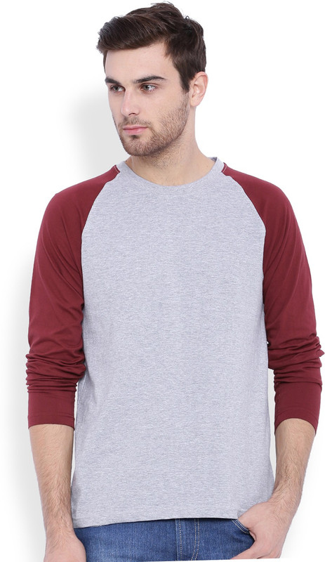 DIFFERENCE OF OPINION Solid Men Round Neck Grey, Maroon T-Shirt