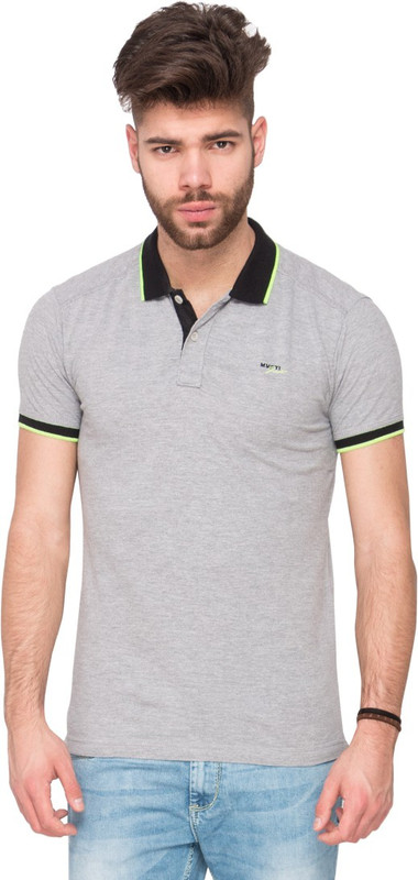 Mufti Solid Men Polo Neck Grey T-Shirt