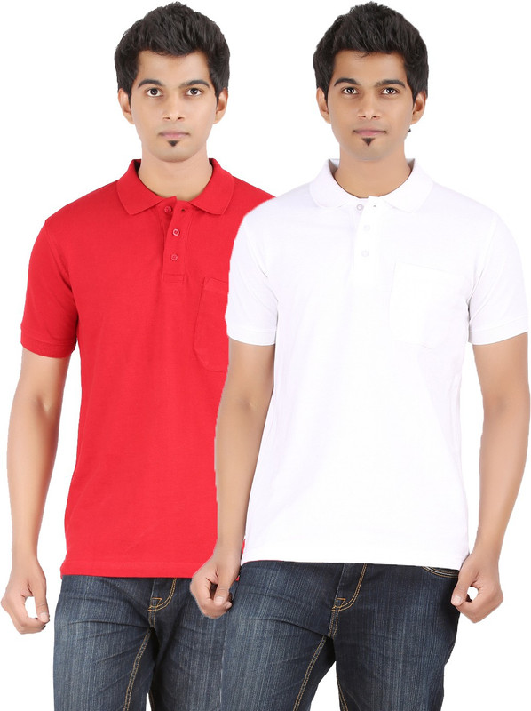 Ap'pulse Solid Men Polo Neck Red, White T-Shirt(Pack of 2)