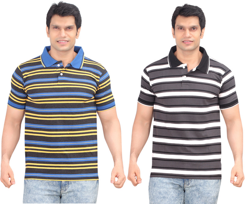 Zebu Striped Men Polo Neck Multicolor T-Shirt(Pack of 2)