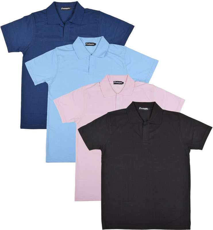 Pintapple Solid Men Polo Neck Black, Pink, Light Blue, Dark Blue T-Shirt(Pack of 4)