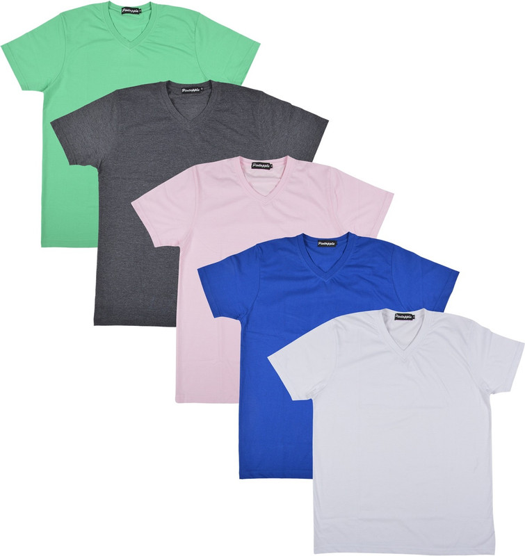 Pintapple Solid Men V-neck White, Blue, Pink, Grey, Light Green T-Shirt(Pack of 5)