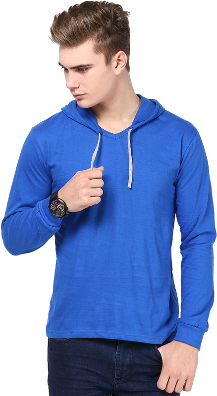 Inkovy Solid Men Hooded Blue T-Shirt
