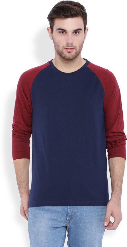 DIFFERENCE OF OPINION Solid Men Round Neck Blue, Maroon T-Shirt