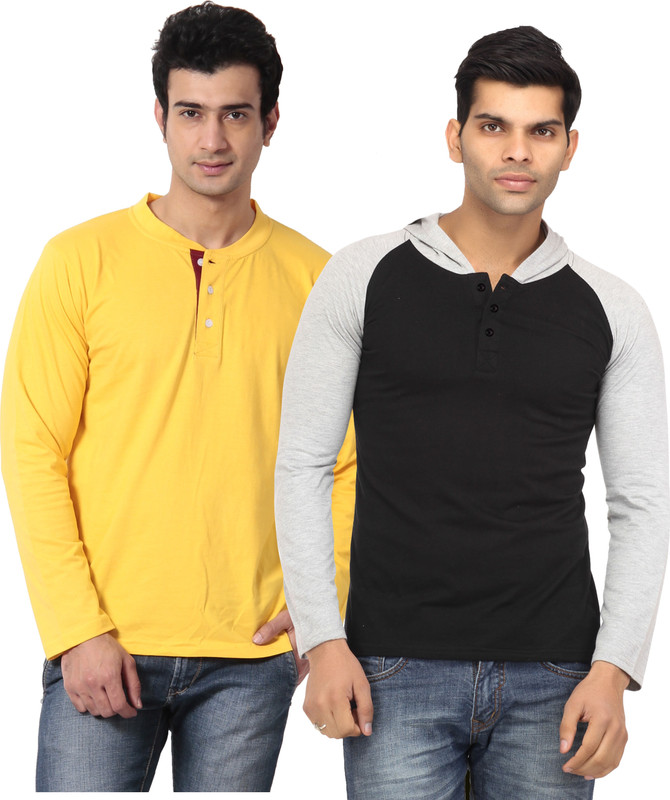 Leana Solid Men Round Neck Yellow, Black T-Shirt(Pack of 2)