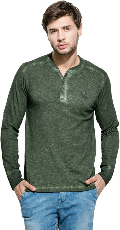 Mufti Solid Men Henley Dark Green T-Shirt