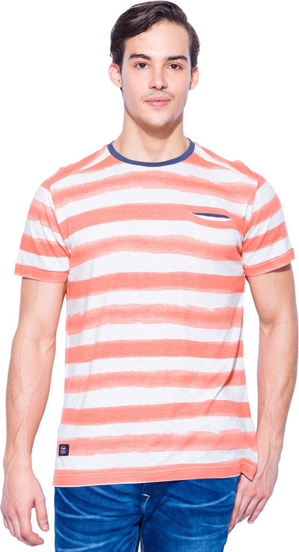 Mufti Striped Men Round Neck Orange, White T-Shirt
