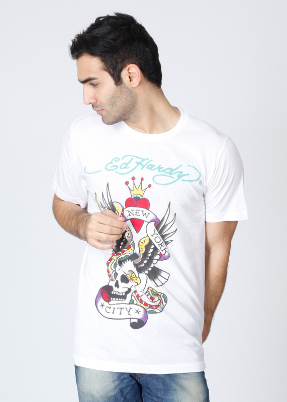 Ed Hardy Printed Men Round Neck White T-Shirt