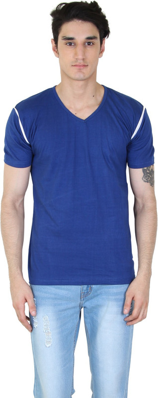 Fenoix Solid Men V-neck Blue T-Shirt
