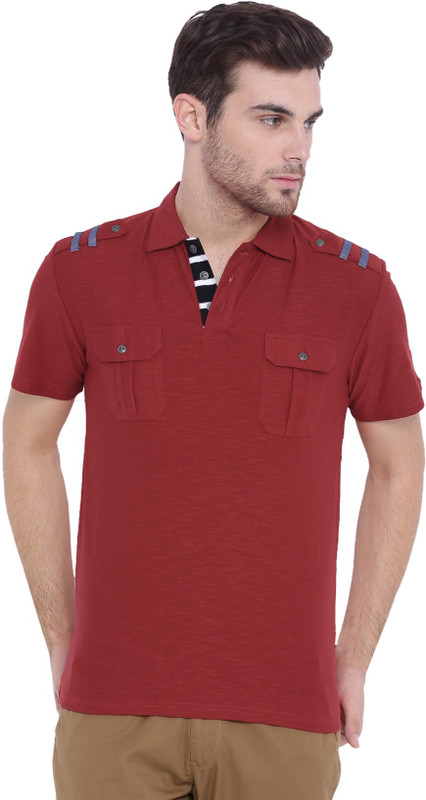 Arise Self Design Men Polo Neck Red T-Shirt