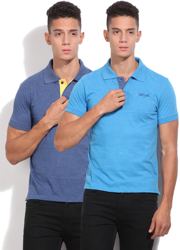 Fort Collins Solid Men Polo Neck Blue T-Shirt(Pack of 2)