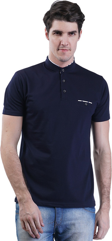 Griffel Solid Men Mandarin Collar Dark Blue T-Shirt