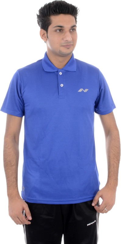 Nivia Solid Men Polo Neck Blue T-Shirt