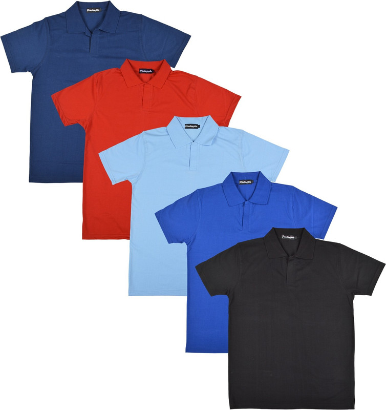 Pintapple Solid Men Polo Neck Black, Blue, Light Blue, Red, Dark Blue T-Shirt(Pack of 5)