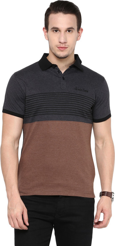 Avoir Envie Striped Men Polo Neck Grey, Brown T-Shirt