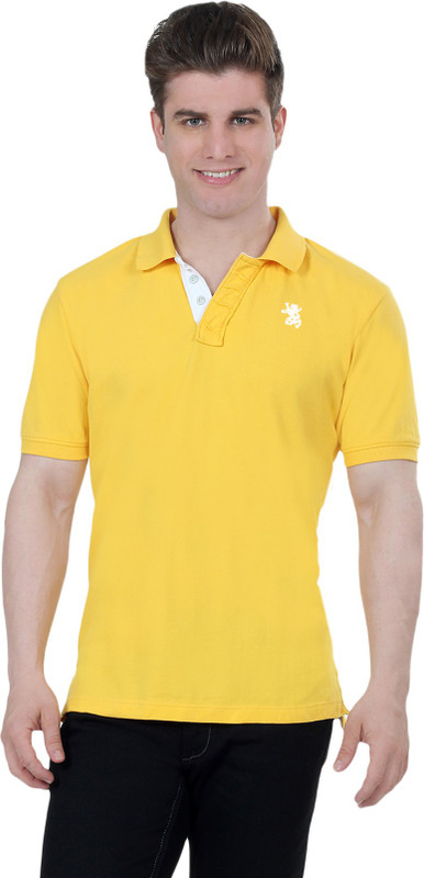The Cotton Company Solid Men Polo Neck Yellow T-Shirt