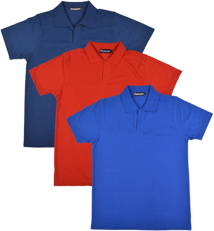 Pintapple Solid Men Polo Neck Blue, Red, Dark Blue T-Shirt(Pack of 3)