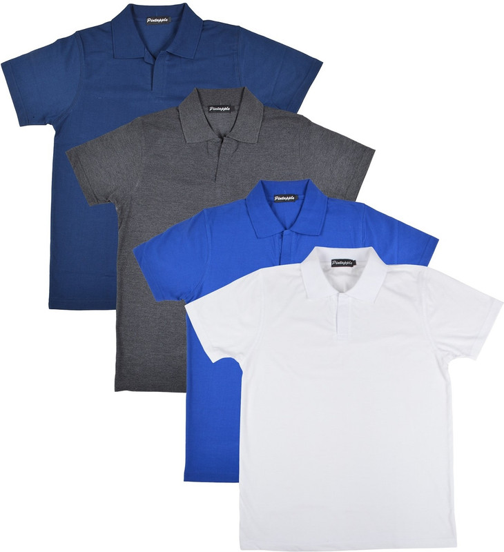 Pintapple Solid Men Polo Neck White, Blue, Grey, Dark Blue T-Shirt(Pack of 4)
