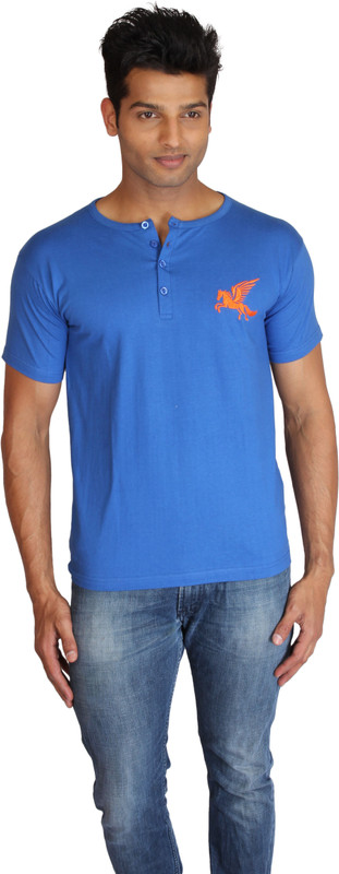 Right Shape Solid Men Henley Blue T-Shirt