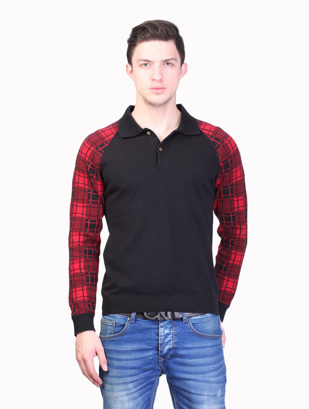 Kalt Checkered Men Polo Neck Black T-Shirt