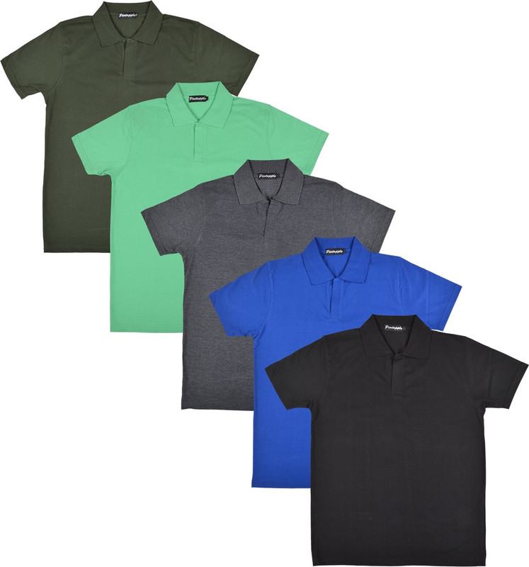 Pintapple Solid Men Polo Neck Black, Blue, Grey, Light Green, Dark Green T-Shirt(Pack of 5)