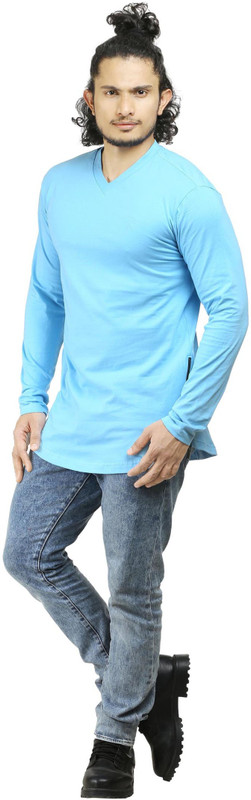 Oviyon Solid Men V-neck Light Blue T-Shirt