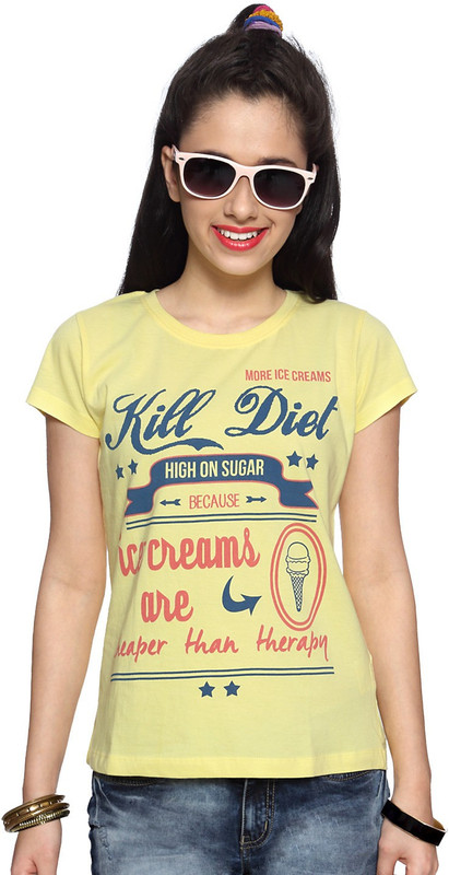 People Printed Women Round Neck Yellow T-Shirt