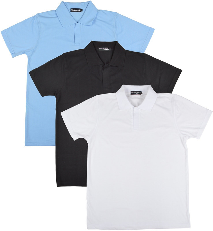 Pintapple Solid Men Polo Neck White, Black, Light Blue T-Shirt(Pack of 3)