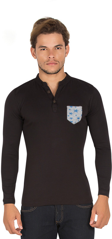 Alan Jones Solid Men Henley Black T-Shirt