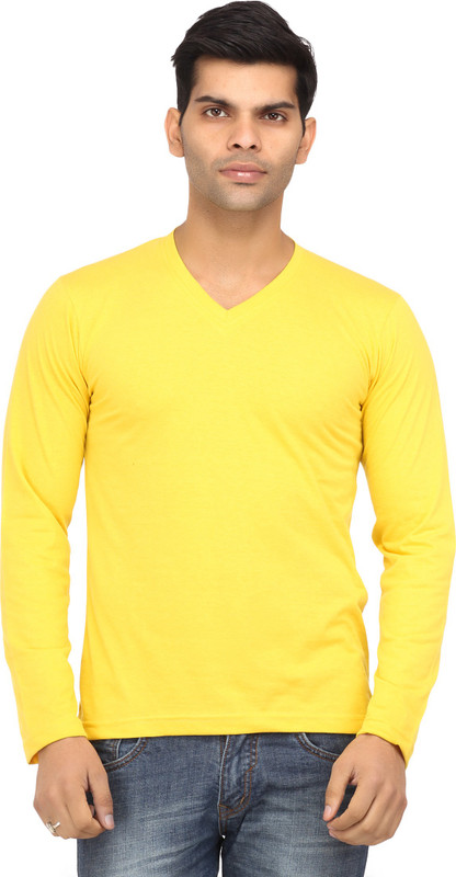 Leana Solid Men V-Neck Yellow T-Shirt