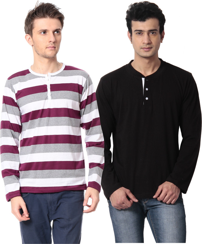 Leana Striped Men Round Neck Black, Purple T-Shirt(Pack of 2)