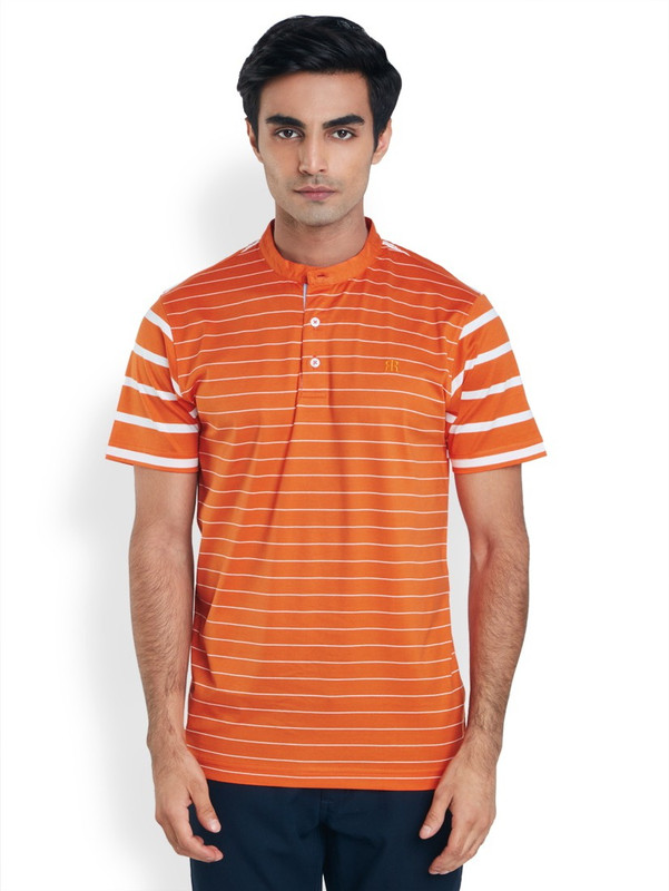Raymond Striped Men Mandarin Collar Red T-Shirt