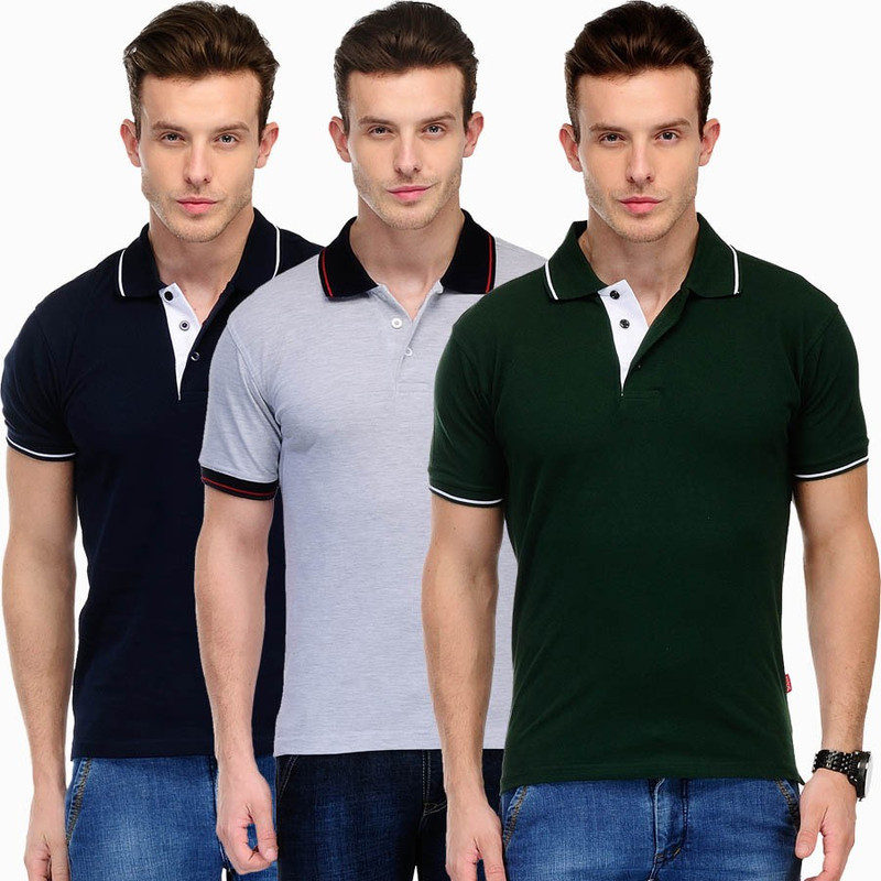 Scott International Solid Men Polo Neck Grey, Green, Dark Blue T-Shirt(Pack of 3)