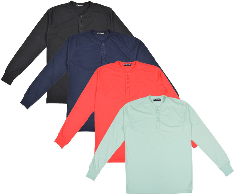 Pintapple Solid Men Henley Light Green, Red, Dark Blue, Black T-Shirt(Pack of 4)