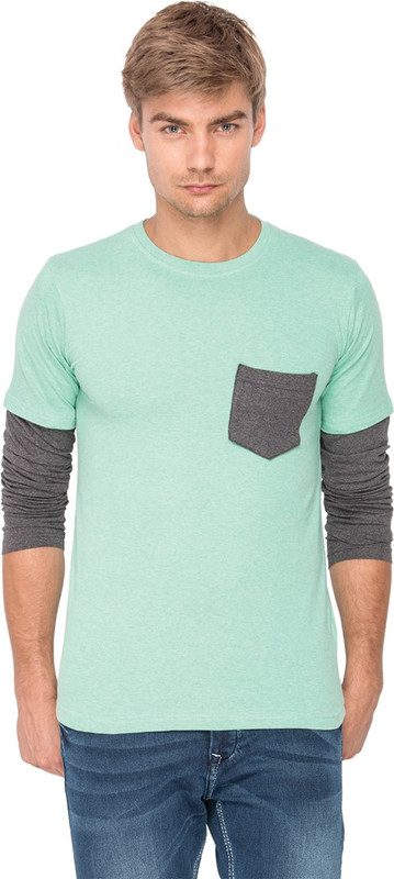 Campus Sutra Solid Men Round or Crew Light Green, Grey T-Shirt