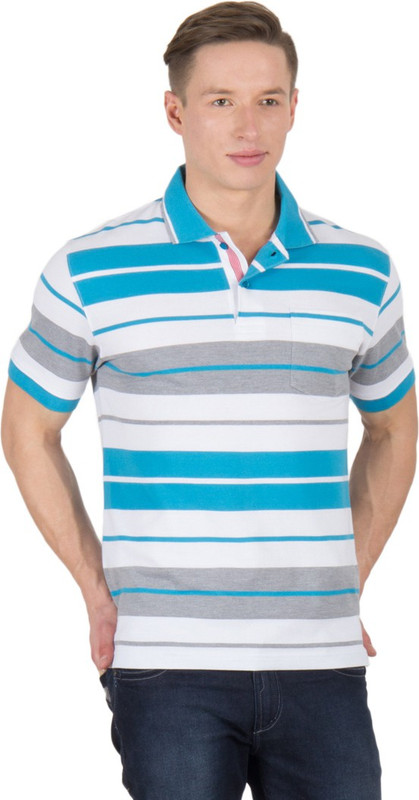 Wilkins & Tuscany Striped Men Polo Neck Blue T-Shirt