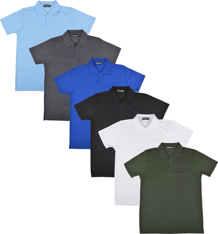 Pintapple Solid Men Polo Neck White, Black, Blue, Grey, Light Blue, Dark Green T-Shirt(Pack of 6)