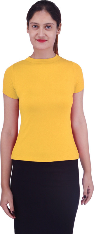 Shyie Solid Women Polo Neck Yellow T-Shirt
