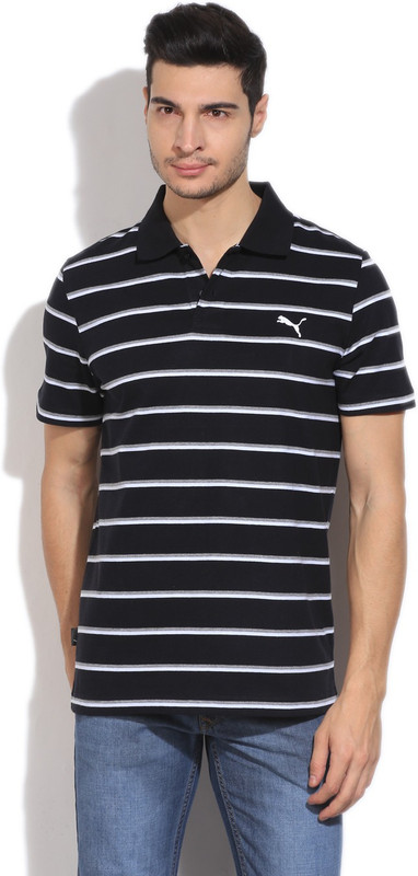 Puma Striped Men Polo Neck Black T-Shirt