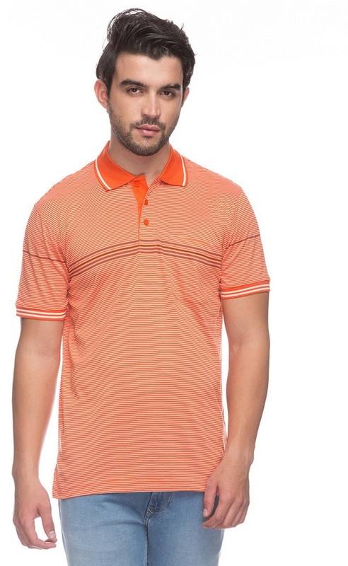 Raymond Striped Men Polo Neck Orange T-Shirt
